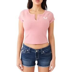 True Religion Women's Pink Short Sleeve Hook and Eye Rib Baby Tee/T-Shirt | NEW
